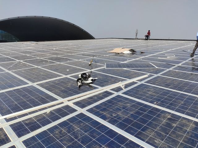 Large industrial solar plant on a factory shed roof